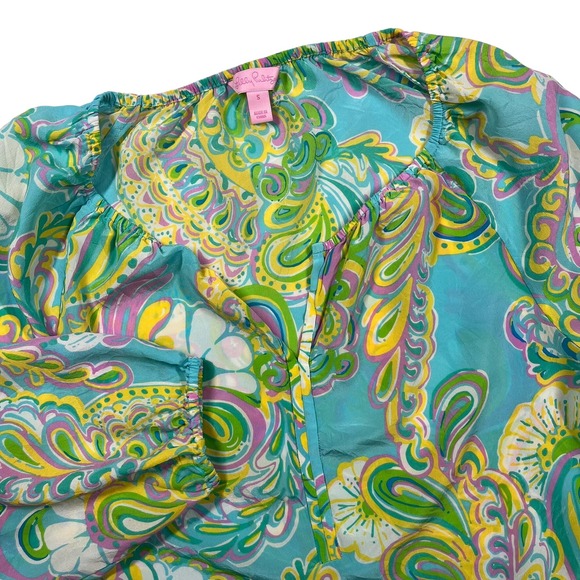 Lilly Pulitzer Tops - Lilly Pulitzer Silk Blouse Womens S‎ Turquoise Multi Paisley Top Preppy Boho